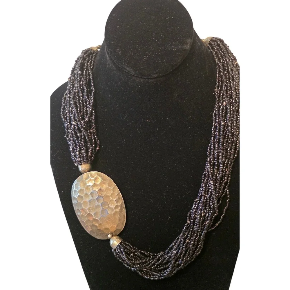 Vintage Necklace Statement Black Beaded Multi-Strand Hammered Metal Pendant